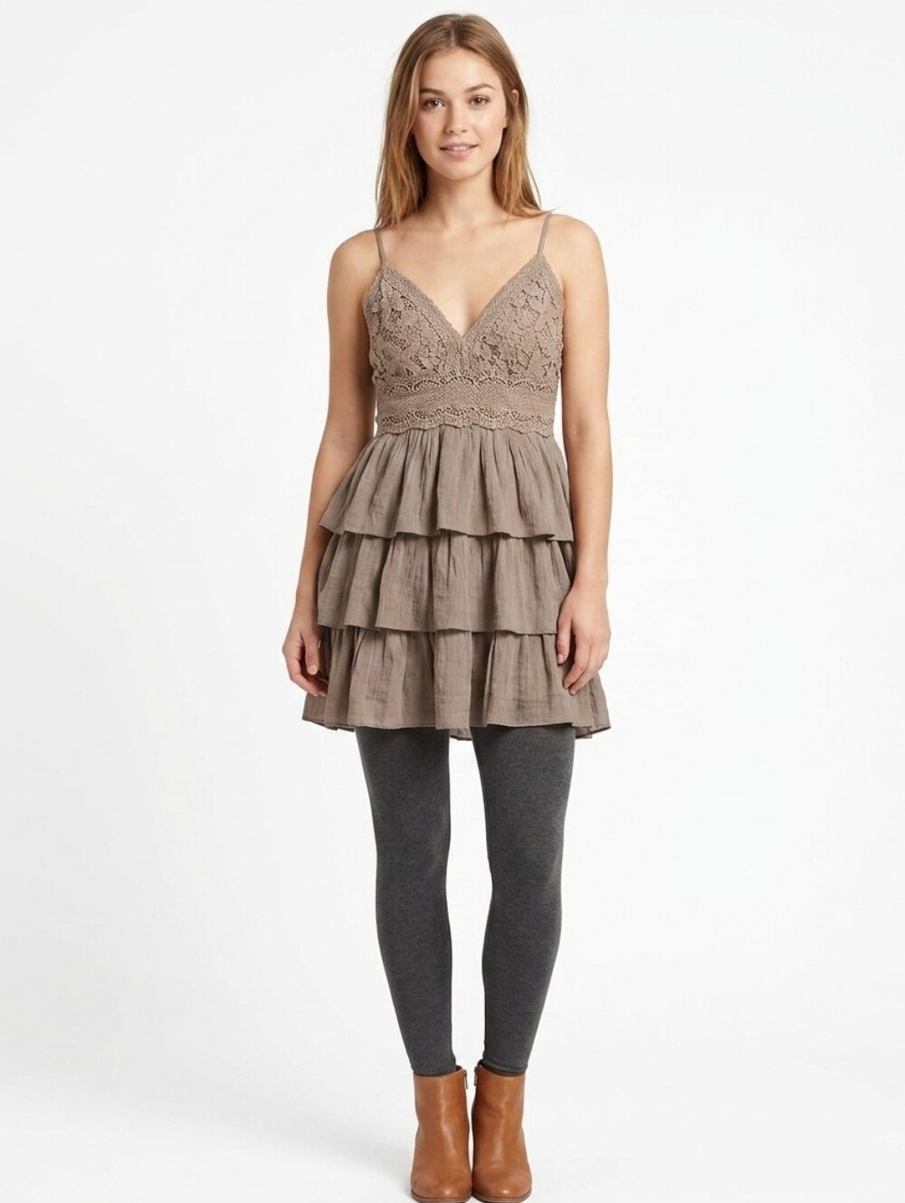 Rebellion Babydoll Taupe Lace Bodice Tiered Mini Dress